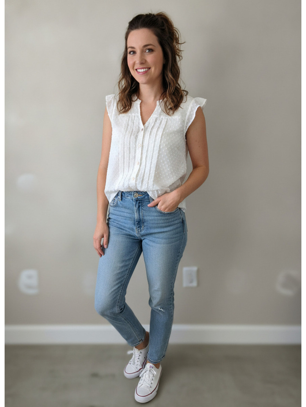 Matilda Jane Cream Sleeveless Blouse Swiss dot with Pintuck Detail and Buttons